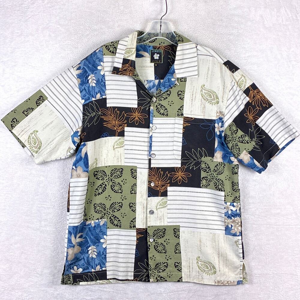 VTG Aureus Hawaiian Shirt Mens M Multicolor Patchwork Silk Loop Collar Aloha
